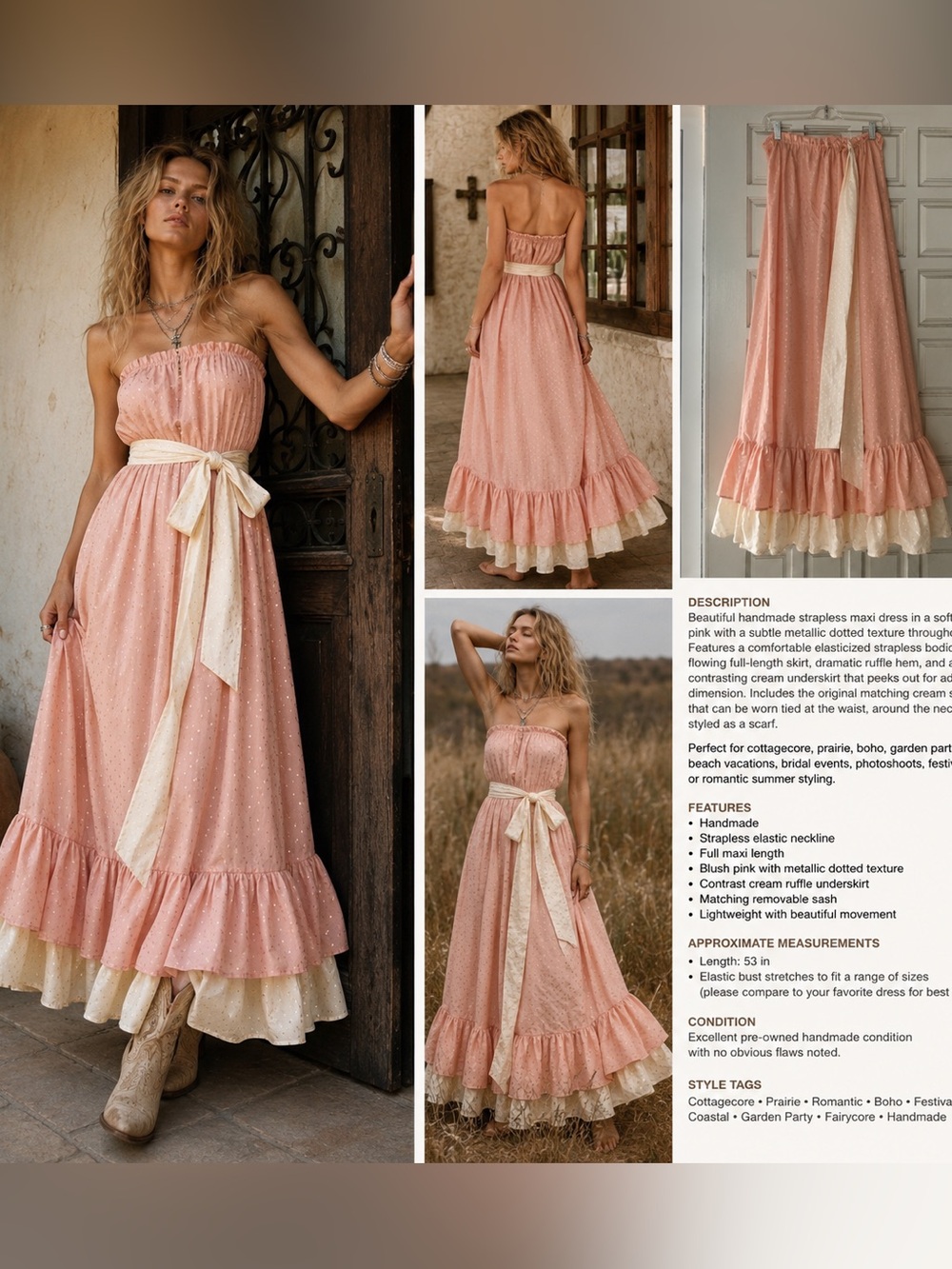 Handmade Strapless Prairie Maxi Dress Pink Cream Ruffle Hem Cottagecore Boho - Picture 10 of 10